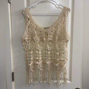 Vivid Collection Chic Boho Western Festival Cream Crochet Fringe Top